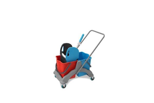 Doppelfahrwagen, Eimer 2x25 Liter rot & blau, Mopp-Presse