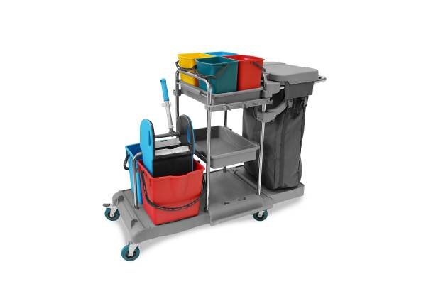 Reinigungswagen, 4x5 + 2x18 Liter Eimer, Mopp-Presse